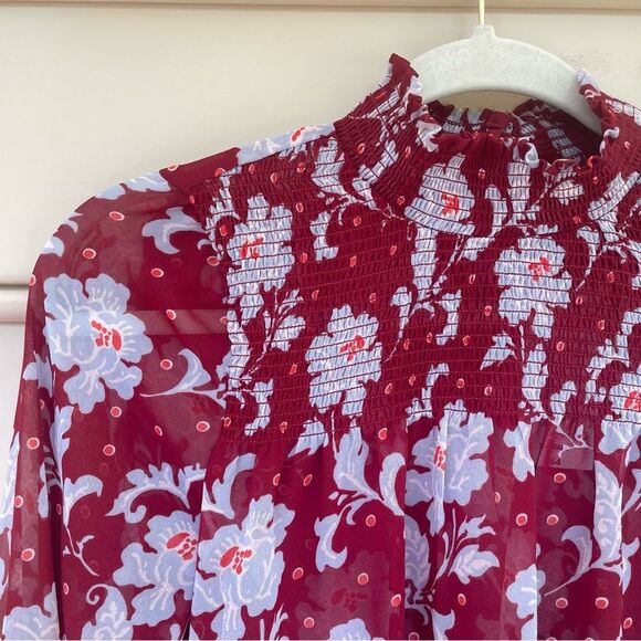 a.n.a Red Floral Sheer Smocked Blouse Long Sleeve Top Size XS NWT - Picture 2 of 10